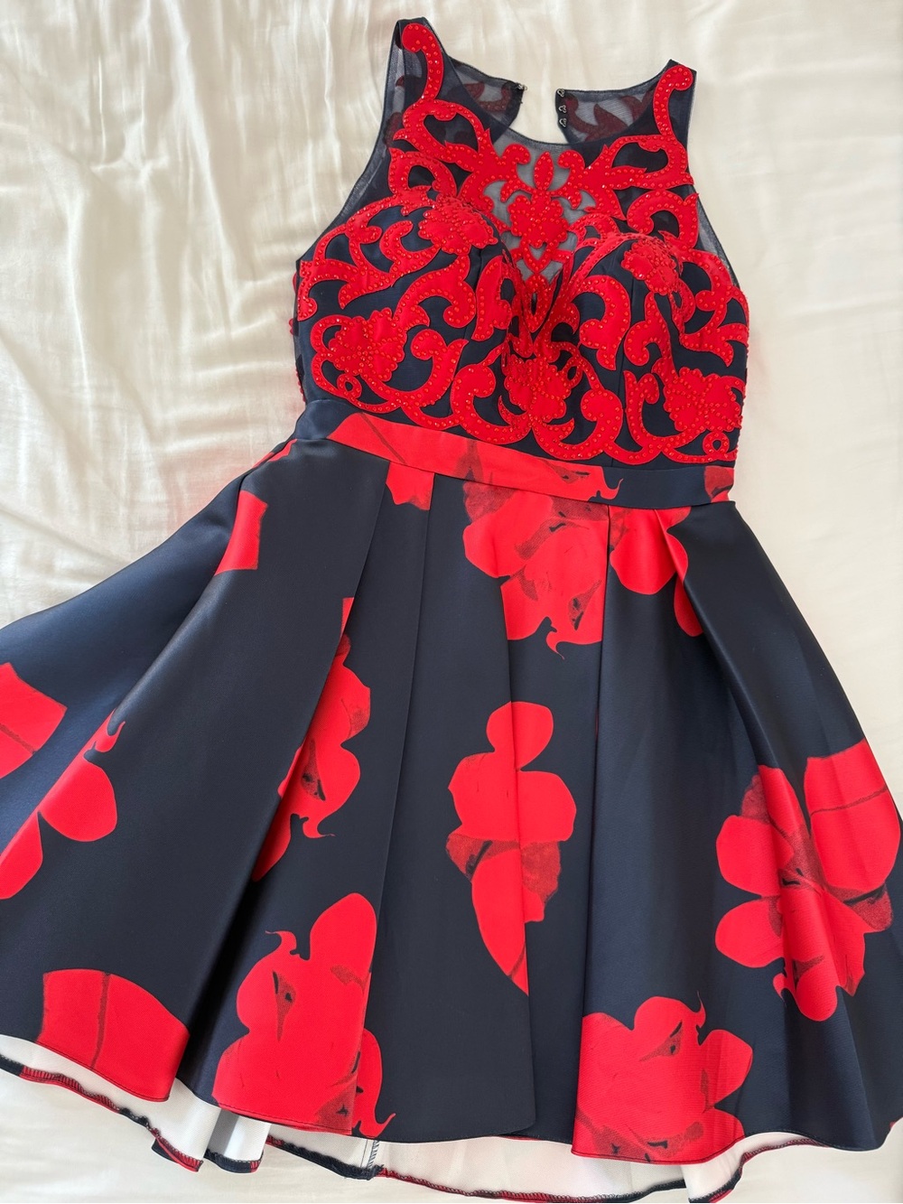 Terani Couture Navy and Red Floral Fit & Flare Dress
